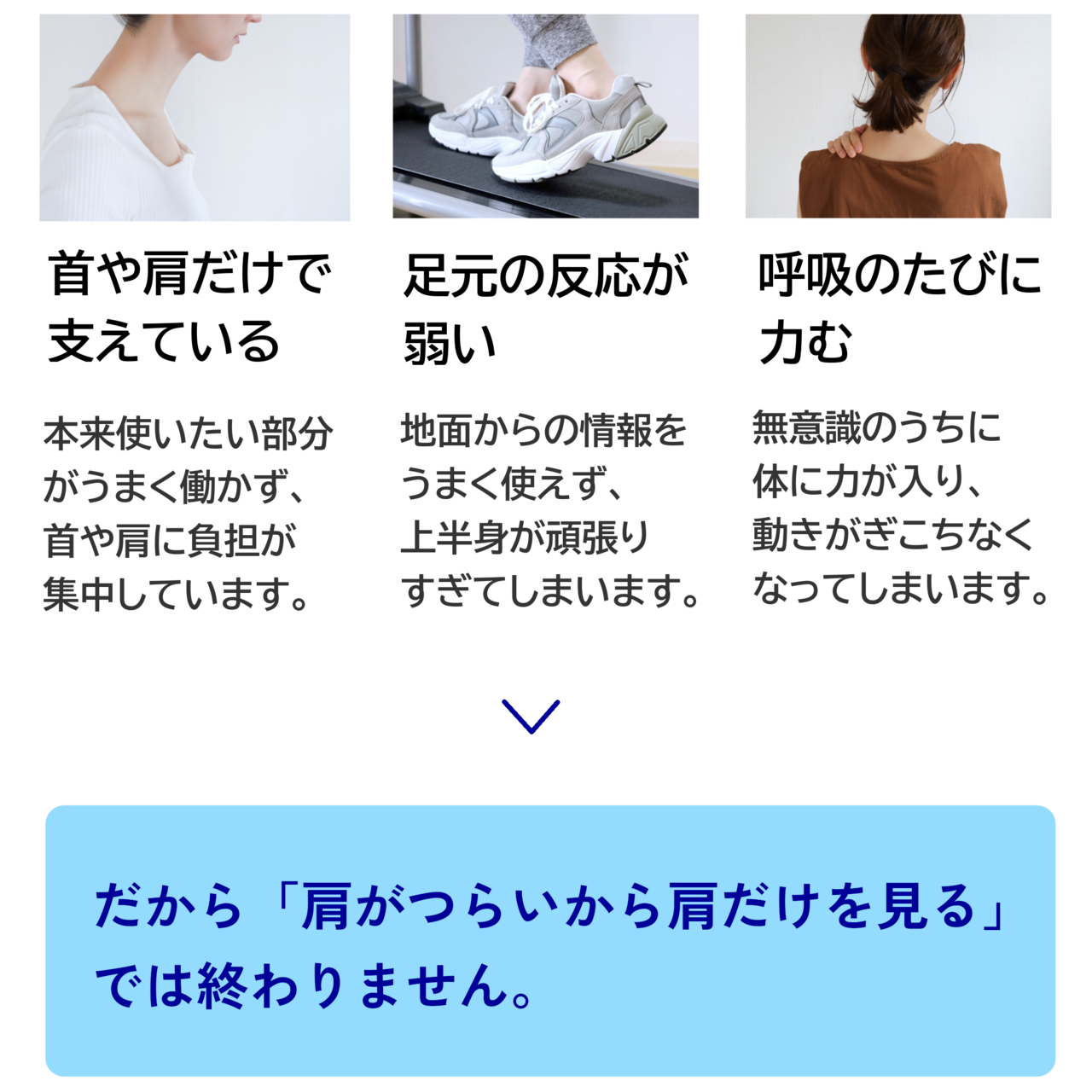 「肩がつらいから肩だけを見る」では終わりません。
