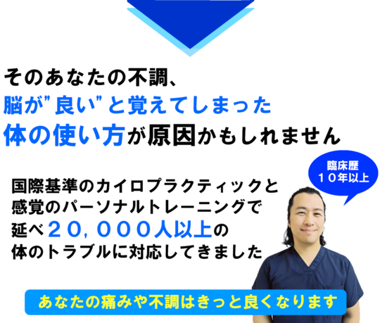 筋肉や関節のトラブルの多くは脳の認識と実際の動きのズレと、同じ部位への繰り返す負担がげんいんです。国際基準のカイロプラクティックと機能神経学で延べ20,000人以上の体のトラブルに対応してきました。あなたの痛みや不調はきっと良くなります。臨床歴10年以上